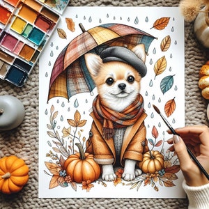 May include: A watercolor illustration of a chihuahua wearing a brown coat and a scarf, holding an umbrella over its head. The dog is surrounded by fall leaves and pumpkins.