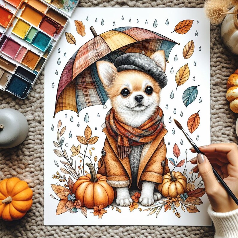 May include: A watercolor illustration of a chihuahua wearing a brown coat and a scarf, holding an umbrella over its head. The dog is surrounded by fall leaves and pumpkins.