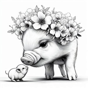 May include: A black and white illustration of two piglets. The larger piglet is wearing a flower crown and looking at the smaller piglet.