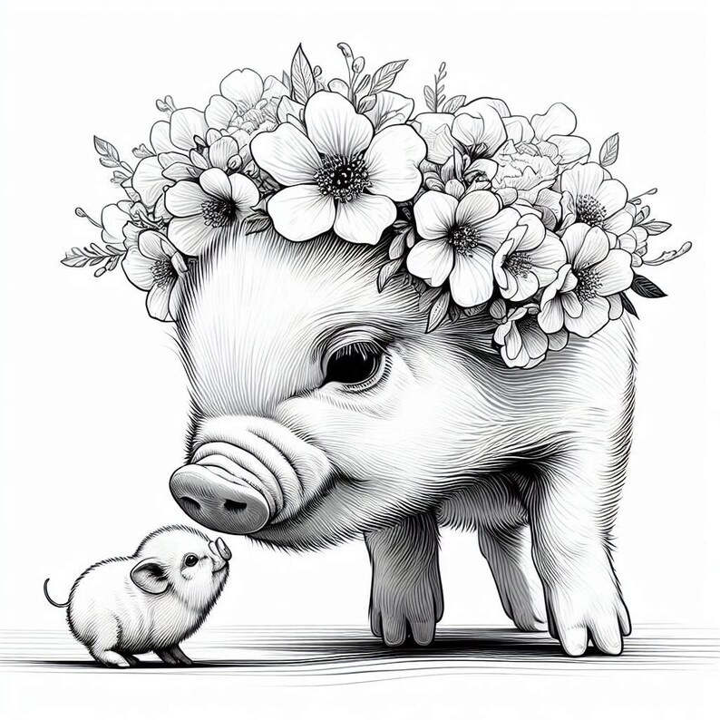 May include: A black and white illustration of two piglets. The larger piglet is wearing a flower crown and looking at the smaller piglet.