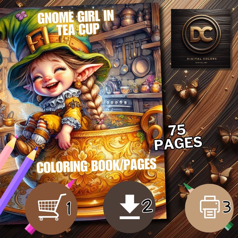 75 Gnome Coloring Book, Gnome Coloring Pages, Gnome in Tea Cup, Elves