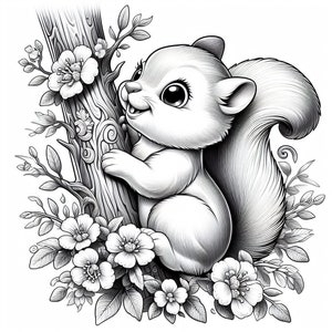May include: A black and white line drawing of a cute cartoon squirrel climbing a tree with flowers. The squirrel has a bushy tail and large eyes. The tree is decorated with flowers and leaves.