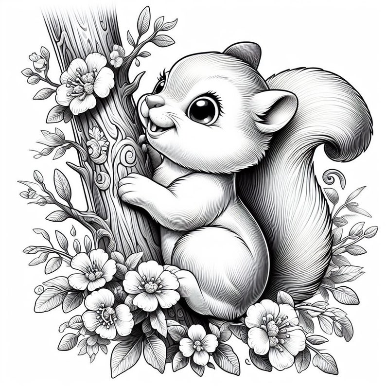 May include: A black and white line drawing of a cute cartoon squirrel climbing a tree with flowers. The squirrel has a bushy tail and large eyes. The tree is decorated with flowers and leaves.