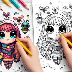 May include: A colouring page featuring a cartoon girl with large eyes and a bee-themed outfit. The girl is surrounded by bees and butterflies. The page is partially coloured in with pink, yellow, and blue.
