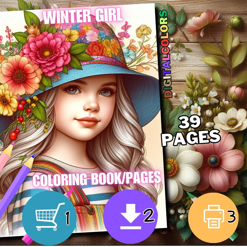 May include: A digital coloring book cover featuring a young girl with long, wavy blonde hair wearing a blue hat adorned with colorful flowers. The text reads "WINTER GIRL" and "COLORING BOOK/PAGES". Includes 39 pages.