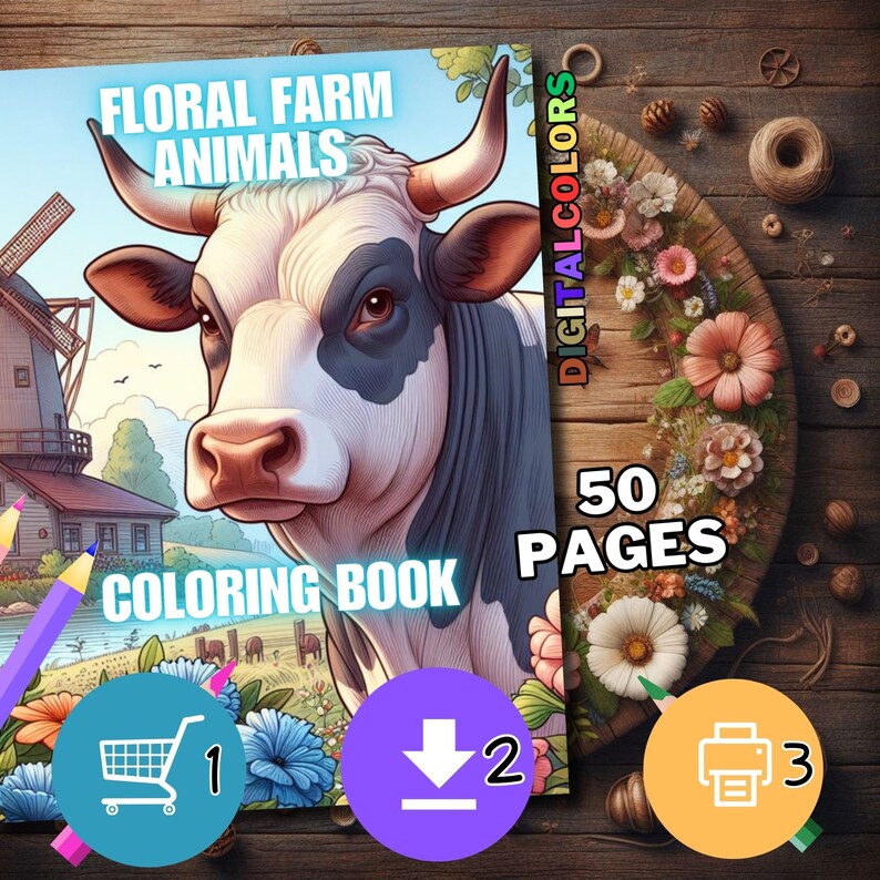 May include: A coloring book cover featuring a black and white cow with a floral background. The title of the book is "Floral Farm Animals Coloring Book" and the text "50 Pages" is also visible. There are three icons below the title: a shopping cart, a download arrow, and a printer.