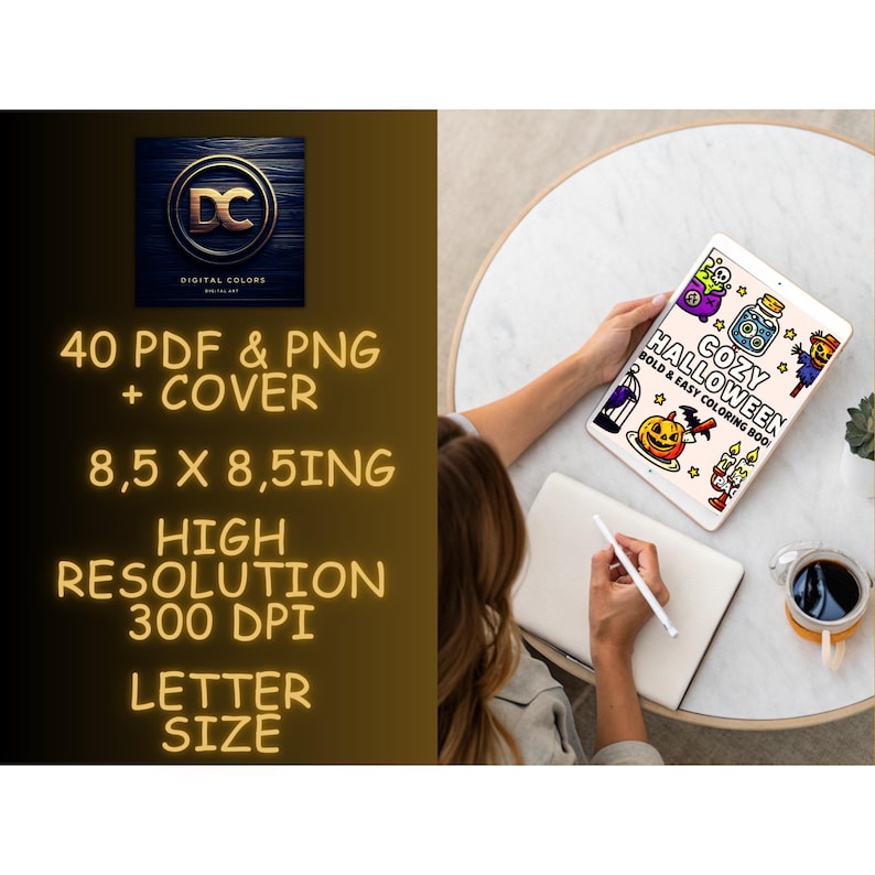 Puede incluir: Un producto de arte digital con el texto "COZY HALLOWEEN" en la pantalla de una tableta. La imagen tambi&eacute;n muestra "40 PDF & PNG + COVER" y "8,5 x 8,5 pulgadas" con el texto "ALTA RESOLUCI&Oacute;N 300 DPI TAMA&Ntilde;O CARTA". Una persona sostiene la tableta y un l&aacute;piz.