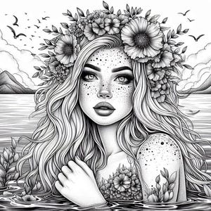 K&ouml;nnte beinhalten: Schwarzwei&szlig;-Illustration einer Frau mit langen, flie&szlig;enden Haaren, die eine Blumenkrone tr&auml;gt und aus dem Wasser steigt.