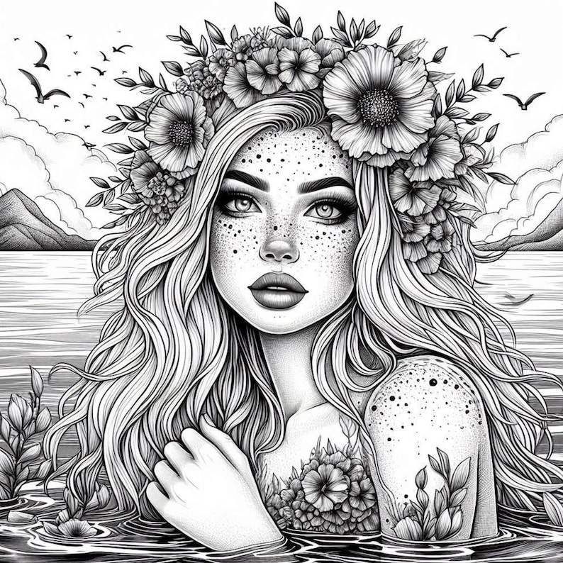 K&ouml;nnte beinhalten: Schwarzwei&szlig;-Illustration einer Frau mit langen, flie&szlig;enden Haaren, die eine Blumenkrone tr&auml;gt und aus dem Wasser steigt.