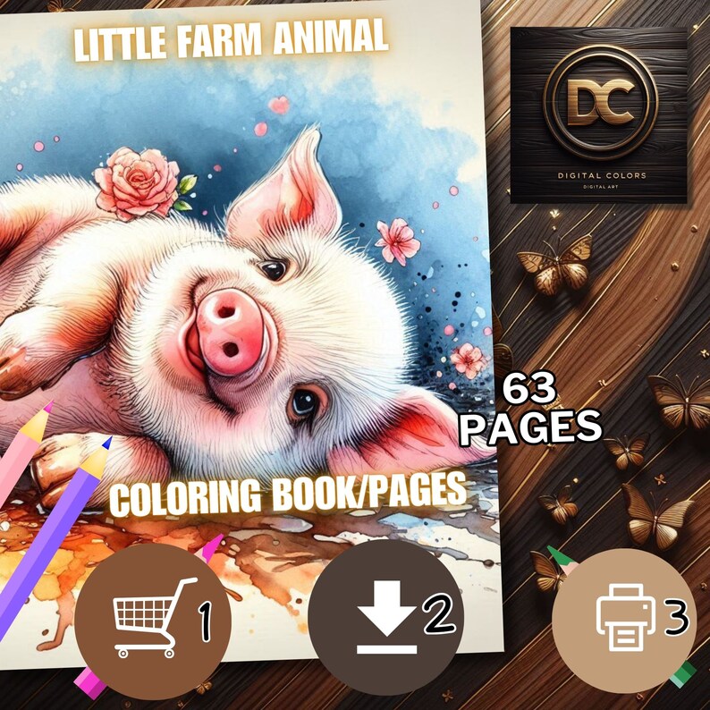 May include: A watercolor illustration of a pink piglet with a pink nose and pink ears. The piglet is lying on its side with its head turned to the side. The background is a blue sky with white clouds. The image is titled "LITTLE FARM ANIMAL" and says "COLORING BOOK/PAGES". There are three icons below the image: a shopping cart, a download arrow, and a printer.