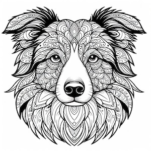 May include: Black and white line art illustration of a dog's head with intricate mandala patterns. The dog has a long snout and floppy ears.