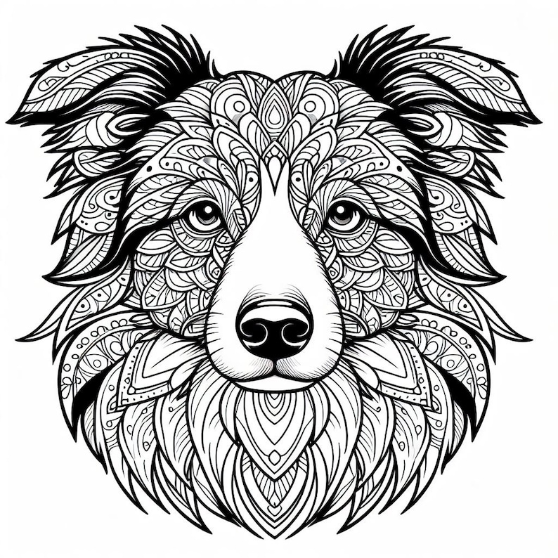 May include: Black and white line art illustration of a dog's head with intricate mandala patterns. The dog has a long snout and floppy ears.