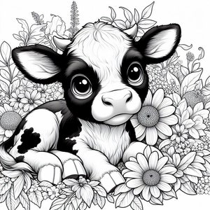 Puede incluir: Ilustraci&oacute;n en blanco y negro de un ternero tumbado en un lecho de flores. El ternero tiene ojos grandes y cuernos peque&ntilde;os. Las flores son margaritas y otras variedades, todas en blanco y negro.
