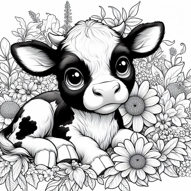 Puede incluir: Ilustraci&oacute;n en blanco y negro de un ternero tumbado en un lecho de flores. El ternero tiene ojos grandes y cuernos peque&ntilde;os. Las flores son margaritas y otras variedades, todas en blanco y negro.