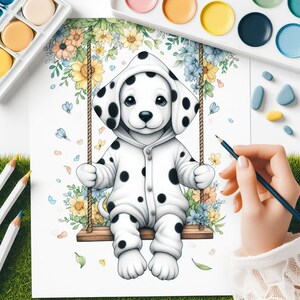 May include: A black and white dalmatian puppy wearing a hooded onesie sits on a swing surrounded by colorful flowers. The puppy is smiling and has big, round eyes.