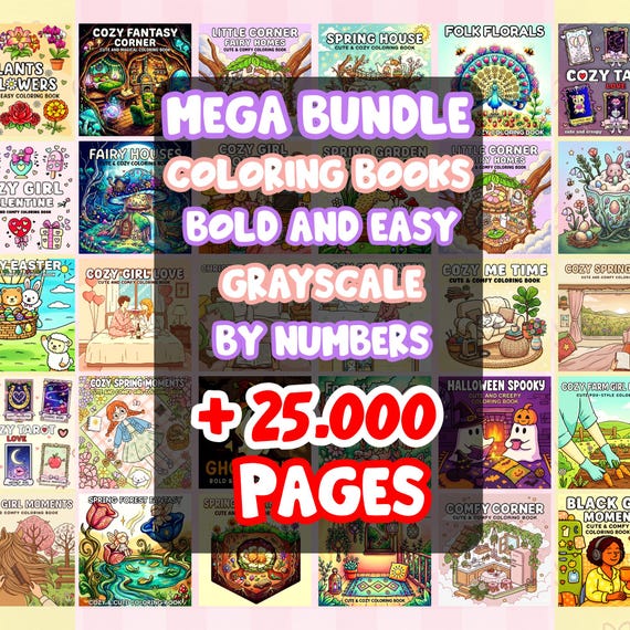 Bundle Coloring book printable, Coloring Pages Mega Bundle 25,000+, Bold Easy, Grayscale, Murals, Color by Number, Disney, PDF PNG Download
