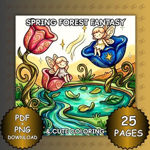 Spring Forest Fantasy Coloring Book – 25 Bold and Easy Cute Magical Forest Pages, Cozy Fairy Woodland Scenes, Printable PDF & PNG