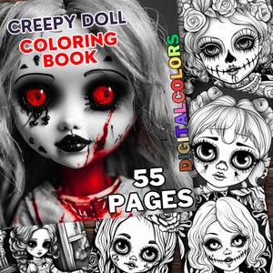 55 coloring book, coloring pages, creepy doll, horror, modern high quality vector creepy doll designs for kids and adults and relief stress