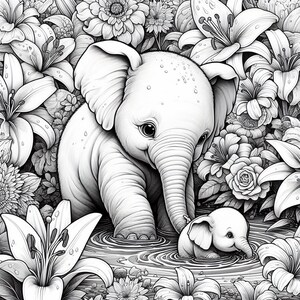 K&ouml;nnte beinhalten: Eine Schwarzwei&szlig;illustration von zwei Elefanten in einem Teich, umgeben von Blumen. Der gr&ouml;&szlig;ere Elefant steht im Wasser und der kleinere schwimmt auf ihn zu.