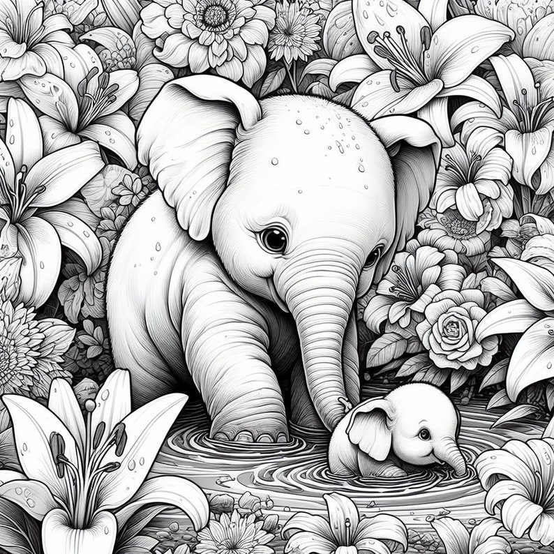 K&ouml;nnte beinhalten: Eine Schwarzwei&szlig;illustration von zwei Elefanten in einem Teich, umgeben von Blumen. Der gr&ouml;&szlig;ere Elefant steht im Wasser und der kleinere schwimmt auf ihn zu.