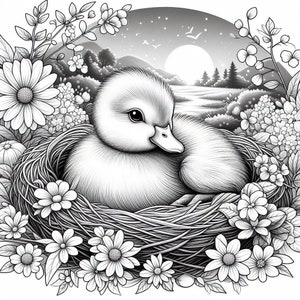 May include: A black and white illustration of two ducklings nestled in a nest of twigs surrounded by blooming flowers. The ducklings are facing each other, with the larger duckling in the foreground. The background features a moonlit landscape with a lake and trees.