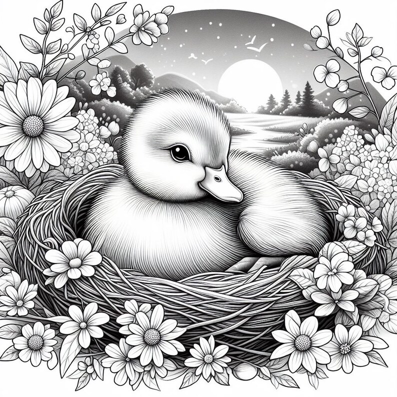 May include: A black and white illustration of two ducklings nestled in a nest of twigs surrounded by blooming flowers. The ducklings are facing each other, with the larger duckling in the foreground. The background features a moonlit landscape with a lake and trees.