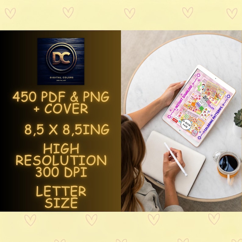 以下が含まれることがあります： 450個のPDFおよびPNGファイル、カバー、8.5 x 8.5インチの寸法、300 DPIの解像度、レターサイズを含むデジタル製品。画像にはDCの文字が入ったロゴと、カラフルな塗り絵パターンが表示されたタブレットが写っています。