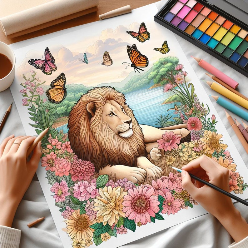 May include: A detailed illustration of a lion lying in a field of colorful flowers. The lion has a mane of brown fur and is looking to the right. The flowers are in shades of pink, purple, and yellow. There are also butterflies flying around the lion and flowers.