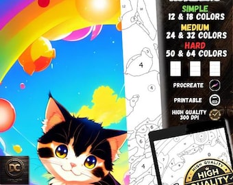 Colorir por Números, Livro de Colorir Digital, Pintar por Números, Procriar Páginas para Colorir, Colorir Ipad, Pdf para Colorir para Imprimir Gato Kawaii