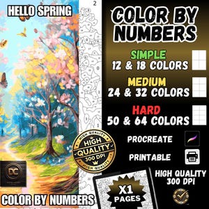 Puede incluir: Arte imprimible para colorear por números que presenta una escena primaveral con un camino a través de un bosque de árboles en flor. La imagen incluye el texto "HELLO SPRING" y "COLOR BY NUMBERS".
