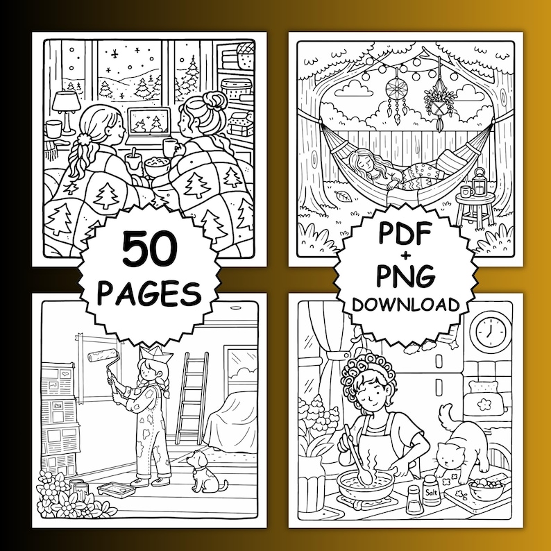 Cozy Girl Moments Coloring Book, Bold and Easy Coloring, Printable Coloring, iPad, Procreate, Girl Moments Coloring Pages Coco wyo Coloring image 2