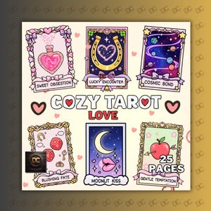 Könnte beinhalten: Eine Sammlung von sechs Tarotkarten-Designs mit Liebesthema. Jede Karte zeigt einzigartige Illustrationen, darunter eine herzförmige Flasche, ein Hufeisen und eine kosmische Szene. Die Worte "COZY TAROT LOVE" sind prominent dargestellt.