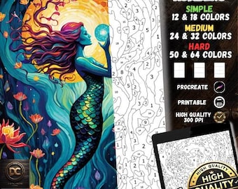 Colorir por números, páginas para colorir digitais, pintar por números, livro para colorir Procreate, livro para colorir para adultos, Floral Mermaid 1 para imprimir