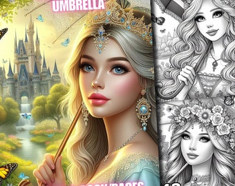 43 Cute Princess Fantasy with Umbrella Coloring, Coloring Pages Book Fairytale Princesses Cinderella for Girl Adults Kids Grayscale Download
