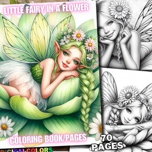 Könnte beinhalten: Eine Malvorlage mit einer Fee mit grünen Haaren und Flügeln, die auf einer großen grünen Blume liegt. Die Fee trägt ein weißes Kleid und eine Blumenkrone auf dem Kopf. Der Titel der Seite lautet "Little Fairy in a Flower" und der Text "Coloring Book/Pages" befindet sich unten. Das Bild ist farbig.