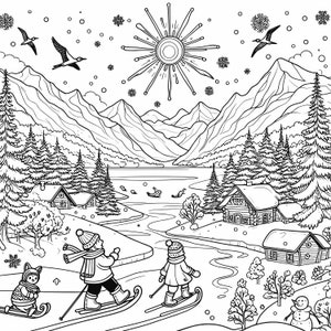 May include: Black and white winter scene coloring page. The illustration depicts a snowy landscape with mountains, trees, cabins, and people skiing. Birds and snowflakes are also present, creating a winter theme.