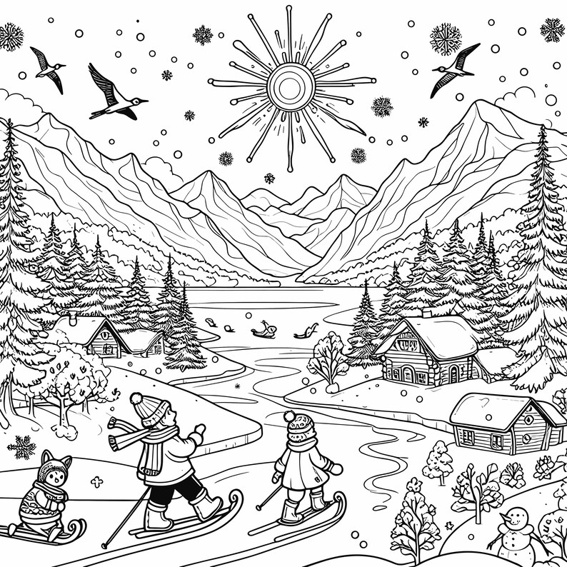 May include: Black and white winter scene coloring page. The illustration depicts a snowy landscape with mountains, trees, cabins, and people skiing. Birds and snowflakes are also present, creating a winter theme.
