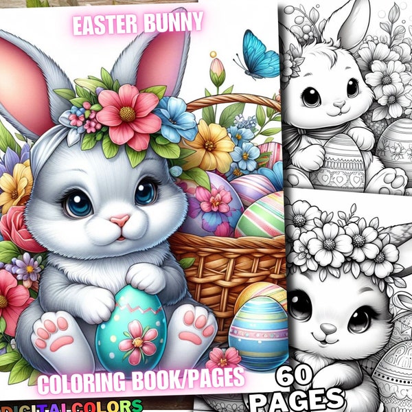 60 Easter Bunny Coloring Pages, Floral Easter Bunny Coloring Book Cute Easter Eggs Flower Egg Spring Grayscale for Adults and Kids Printable