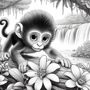 May include: A black and white illustration of a baby monkey sitting on a log with flowers. The monkey has large eyes and is looking at the viewer. The background shows a waterfall and lush greenery.
