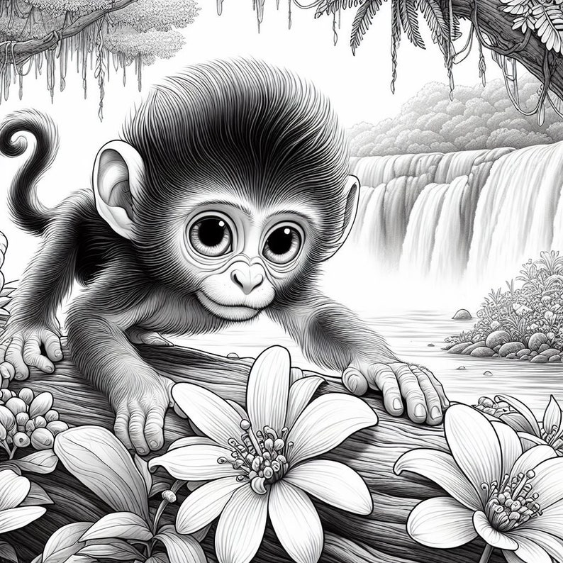 May include: A black and white illustration of a baby monkey sitting on a log with flowers. The monkey has large eyes and is looking at the viewer. The background shows a waterfall and lush greenery.
