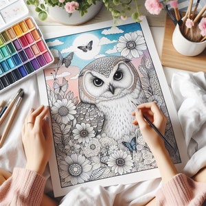 May include: A black and white illustration of an owl with intricate details, surrounded by flowers and butterflies. The owl is perched on a branch with its wings spread out. The background is a light blue watercolor wash.