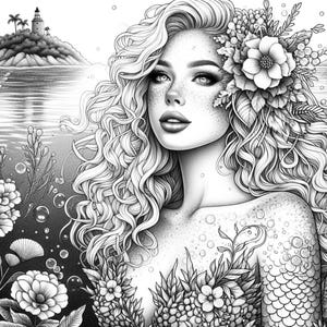 K&ouml;nnte beinhalten: Eine Schwarzwei&szlig;illustration einer Frau mit langen, wallenden Haaren, die mit Blumen geschm&uuml;ckt sind. Sie hat ein zartes, weibliches Gesicht und einen ruhigen Ausdruck. Der Hintergrund zeigt einen Leuchtturm und eine Wasserfl&auml;che, was auf ein K&uuml;sten- oder Nautikthema hindeutet.