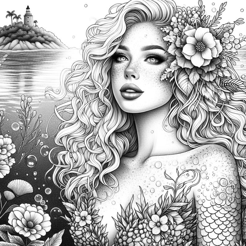 K&ouml;nnte beinhalten: Eine Schwarzwei&szlig;illustration einer Frau mit langen, wallenden Haaren, die mit Blumen geschm&uuml;ckt sind. Sie hat ein zartes, weibliches Gesicht und einen ruhigen Ausdruck. Der Hintergrund zeigt einen Leuchtturm und eine Wasserfl&auml;che, was auf ein K&uuml;sten- oder Nautikthema hindeutet.