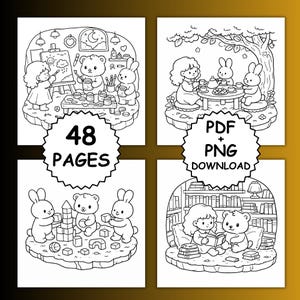 ソフトコンフォート – 大胆で簡単な塗り絵、48ページのかわいい心地よいリラックスできるページ、かわいい穏やかなシーン、ストレス解消塗り絵、印刷可能なPDF + PNG 画像 2