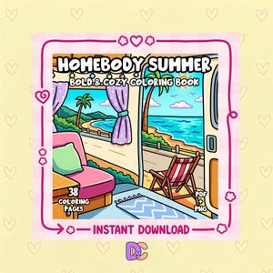 Op de afbeelding: Omslag van een digitaal kleurboek met de tekst "HOMEBODY SUMMER BOLD & COZY COLORING BOOK". De illustratie toont een strandscène gezien vanuit een busje, met een roze bank, een strandstoel en de tekst "38 COLORING PAGES".