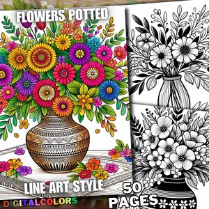 Può includere: Un mazzo di fiori colorati in un vaso marrone con disegni intricati. I fiori sono in stile line art e sono perfetti per la colorazione. L'immagine include il testo "FLOWERS POTTED LINE ART STYLE DIGITALCOLORS 50 PAGES".