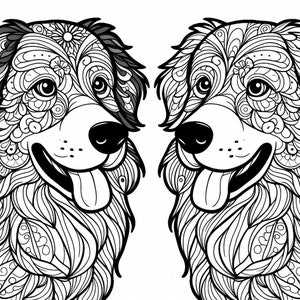 May include: Black and white line art illustration of two dogs' faces with intricate patterns and designs. The dogs are looking at each other and have their tongues sticking out.