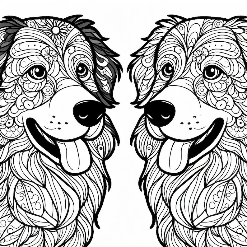 May include: Black and white line art illustration of two dogs' faces with intricate patterns and designs. The dogs are looking at each other and have their tongues sticking out.