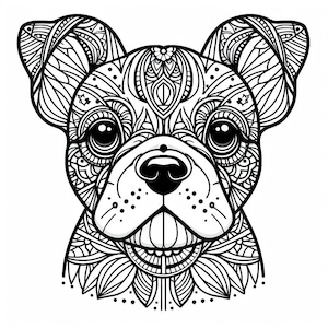 May include: Black and white line art illustration of a French bulldog's head with intricate patterns and designs.