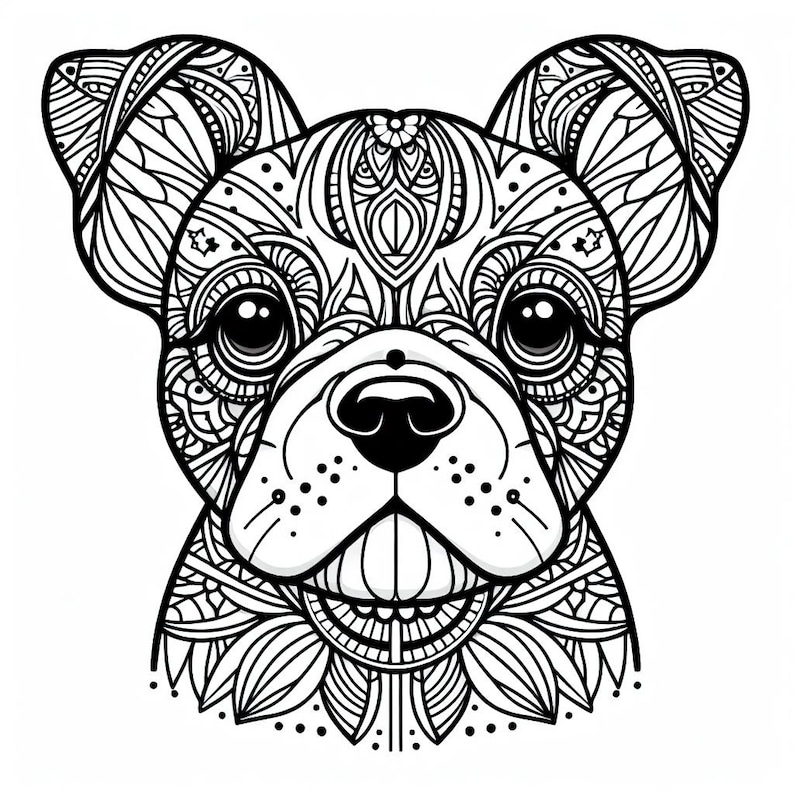 May include: Black and white line art illustration of a French bulldog's head with intricate patterns and designs.